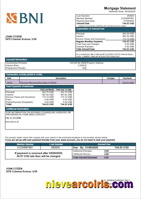 USA Texas BNI bank mortgage statement